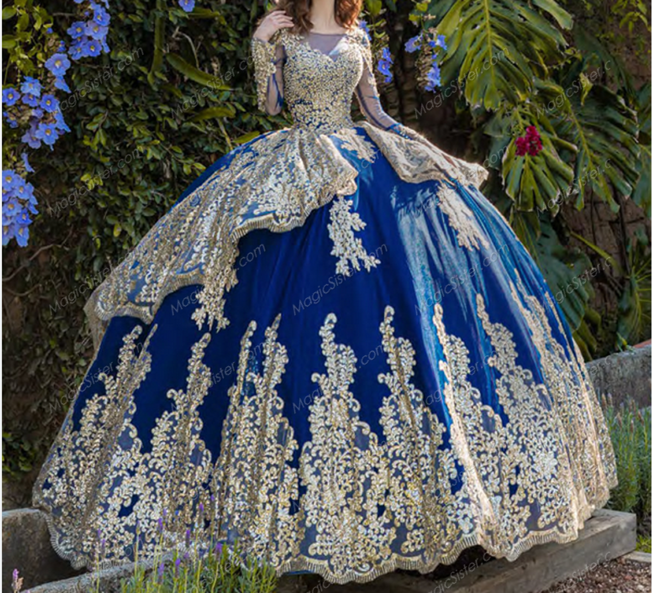 blue and gold quinceanera dresses